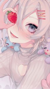 Preview wallpaper girl, smile, strawberry, toys, anime