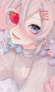 Preview wallpaper girl, smile, strawberry, toys, anime