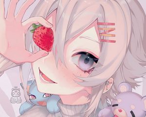 Preview wallpaper girl, smile, strawberry, toys, anime