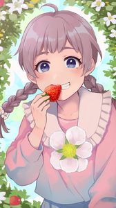 Preview wallpaper girl, smile, strawberry, anime, art