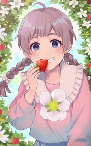 Preview wallpaper girl, smile, strawberry, anime, art
