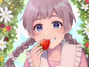 Preview wallpaper girl, smile, strawberry, anime, art