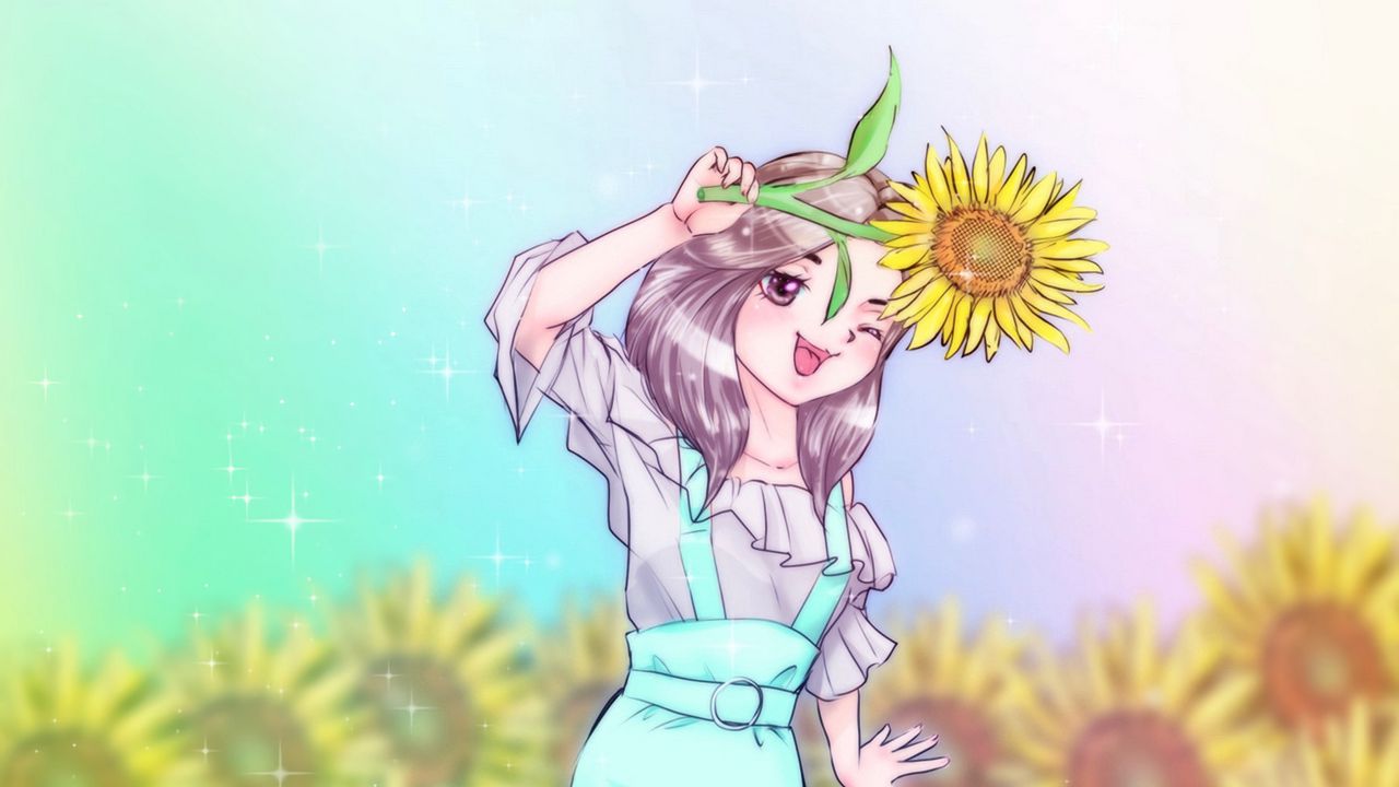 Wallpaper girl, smile, sunflower, anime