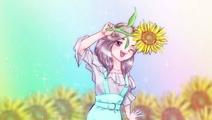 Preview wallpaper girl, smile, sunflower, anime