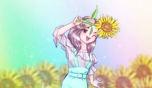 Preview wallpaper girl, smile, sunflower, anime