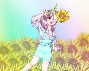 Preview wallpaper girl, smile, sunflower, anime