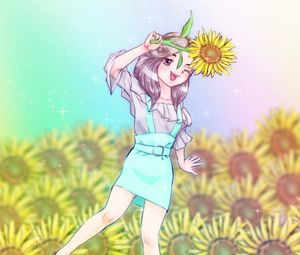 Preview wallpaper girl, smile, sunflower, anime