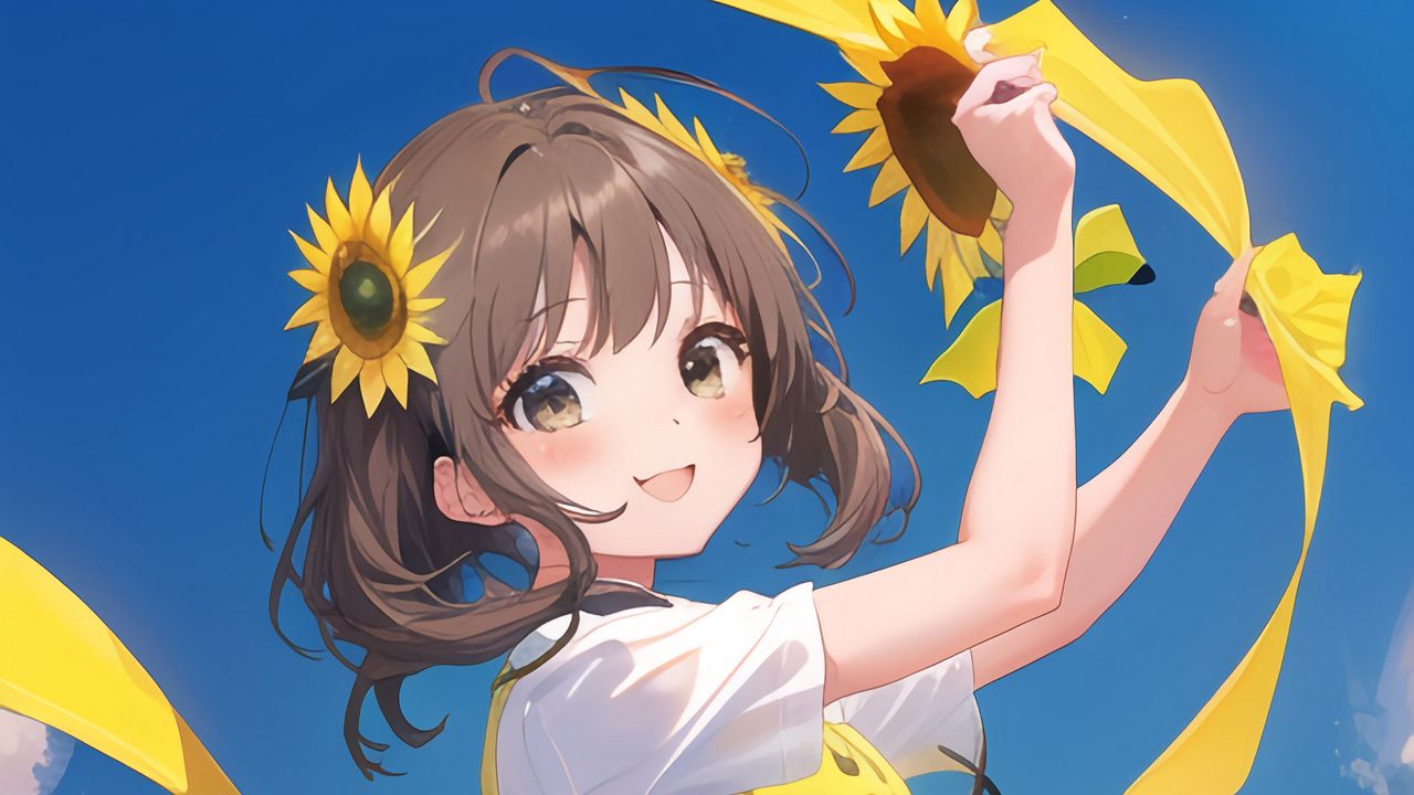 Wallpaper girl, smile, sunflowers, dance, anime, yellow