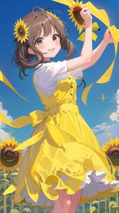 Preview wallpaper girl, smile, sunflowers, dance, anime, yellow