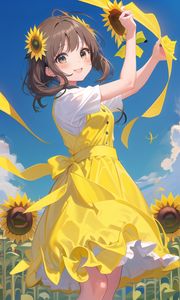 Preview wallpaper girl, smile, sunflowers, dance, anime, yellow