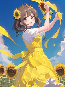 Preview wallpaper girl, smile, sunflowers, dance, anime, yellow