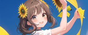 Preview wallpaper girl, smile, sunflowers, dance, anime, yellow