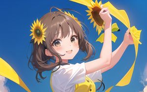 Preview wallpaper girl, smile, sunflowers, dance, anime, yellow