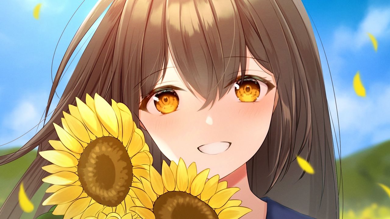 Wallpaper girl, smile, sunflowers, field, anime, art