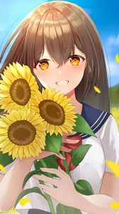Preview wallpaper girl, smile, sunflowers, field, anime, art