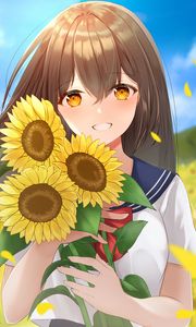 Preview wallpaper girl, smile, sunflowers, field, anime, art