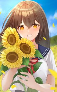 Preview wallpaper girl, smile, sunflowers, field, anime, art