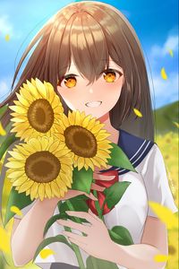 Preview wallpaper girl, smile, sunflowers, field, anime, art