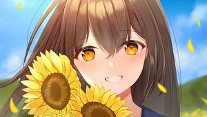 Preview wallpaper girl, smile, sunflowers, field, anime, art