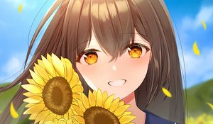 Preview wallpaper girl, smile, sunflowers, field, anime, art