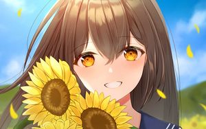 Preview wallpaper girl, smile, sunflowers, field, anime, art