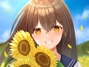 Preview wallpaper girl, smile, sunflowers, field, anime, art