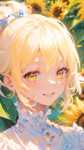 Preview wallpaper girl, smile, sunflowers, summer, light, anime