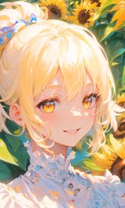 Preview wallpaper girl, smile, sunflowers, summer, light, anime