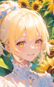 Preview wallpaper girl, smile, sunflowers, summer, light, anime