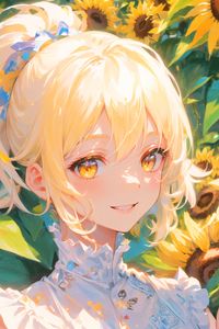 Preview wallpaper girl, smile, sunflowers, summer, light, anime