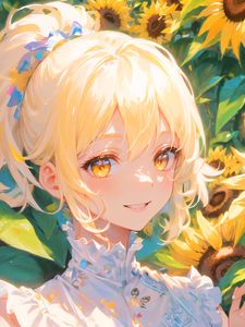 Preview wallpaper girl, smile, sunflowers, summer, light, anime