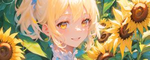 Preview wallpaper girl, smile, sunflowers, summer, light, anime