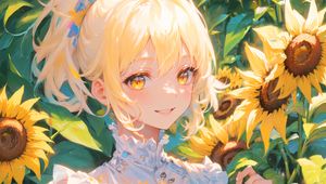 Preview wallpaper girl, smile, sunflowers, summer, light, anime