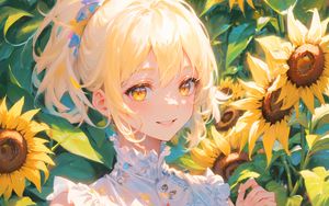 Preview wallpaper girl, smile, sunflowers, summer, light, anime