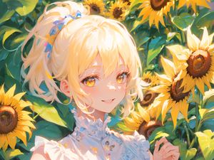 Preview wallpaper girl, smile, sunflowers, summer, light, anime