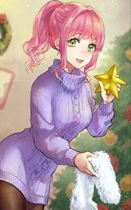 Preview wallpaper girl, smile, sweater, star, christmas, anime