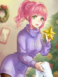 Preview wallpaper girl, smile, sweater, star, christmas, anime