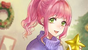 Preview wallpaper girl, smile, sweater, star, christmas, anime