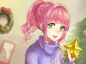 Preview wallpaper girl, smile, sweater, star, christmas, anime