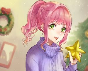 Preview wallpaper girl, smile, sweater, star, christmas, anime