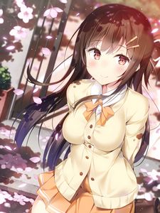 Preview wallpaper girl, smile, sweater, petals, anime