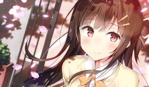 Preview wallpaper girl, smile, sweater, petals, anime