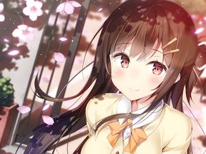 Preview wallpaper girl, smile, sweater, petals, anime