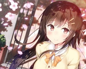 Preview wallpaper girl, smile, sweater, petals, anime