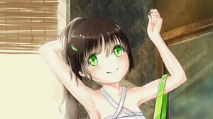 Preview wallpaper girl, smile, tape, anime, art, green