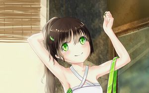 Preview wallpaper girl, smile, tape, anime, art, green