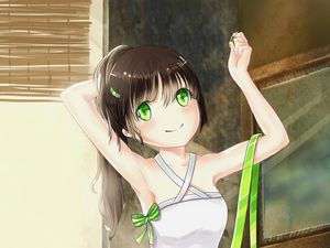 Preview wallpaper girl, smile, tape, anime, art, green