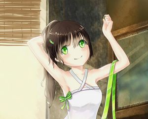 Preview wallpaper girl, smile, tape, anime, art, green