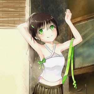 Preview wallpaper girl, smile, tape, anime, art, green