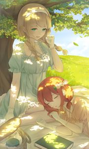 Preview wallpaper girl, smile, tree, book, anime